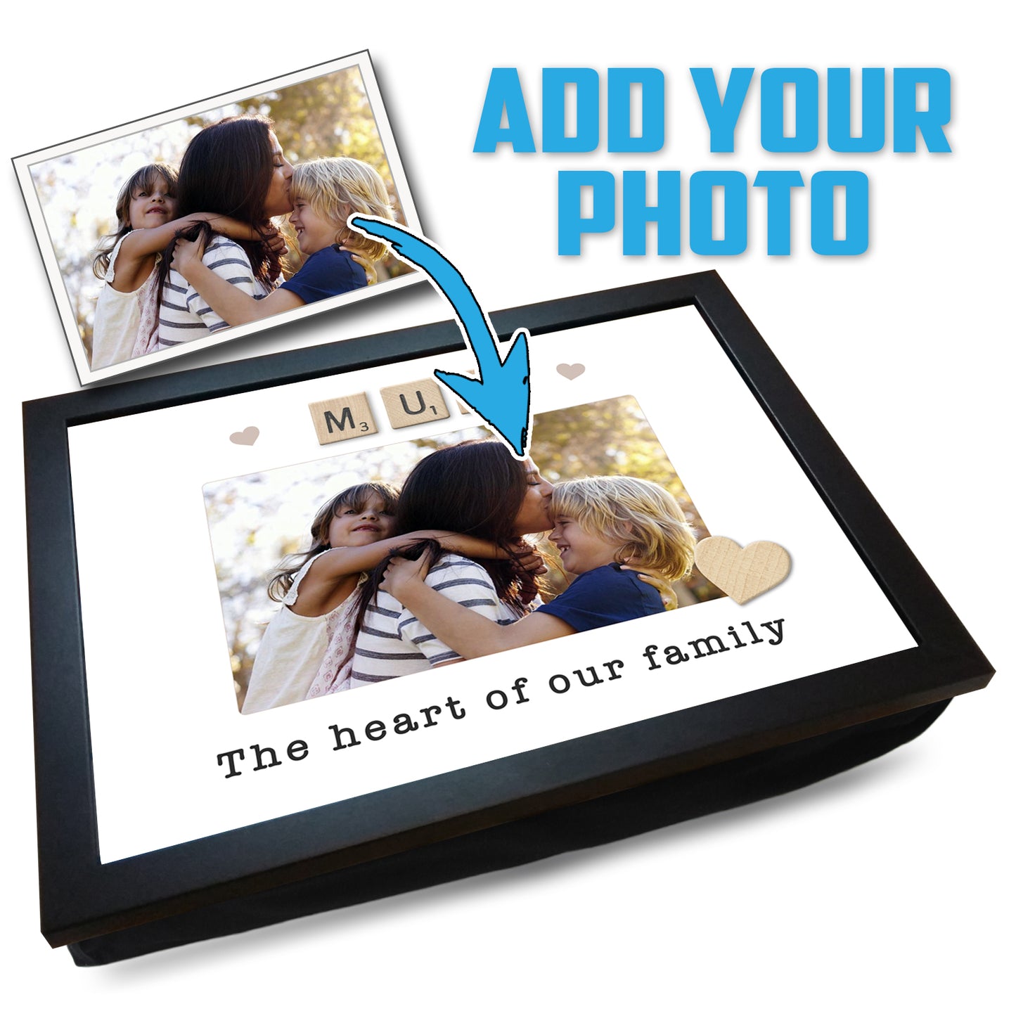 'MUM - The Heart of our Family' Personalised Photo Lap Tray