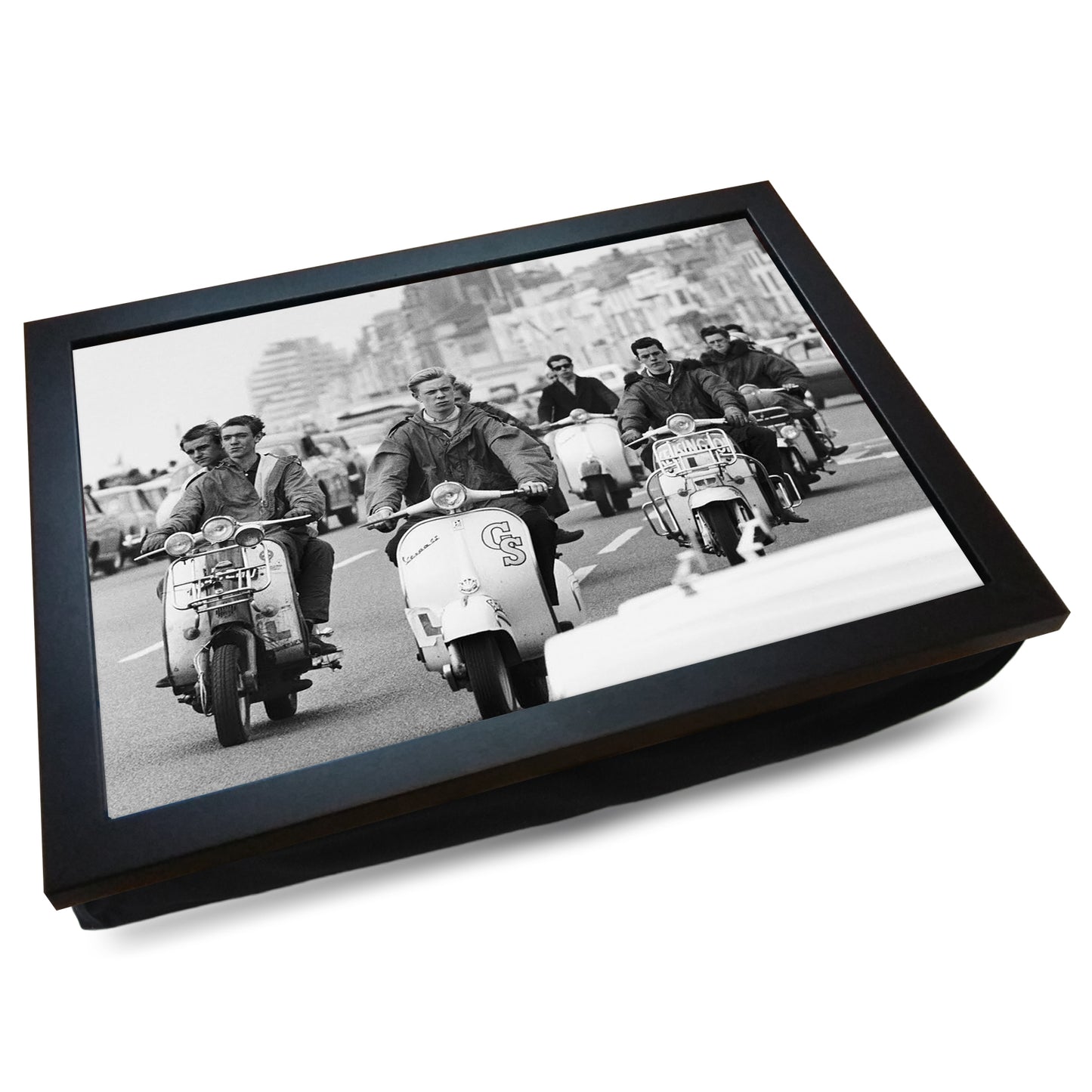 Mods Riding Scooters on Brighton Seafront Cushioned Lap Tray - my personalised lap tray | mooki -