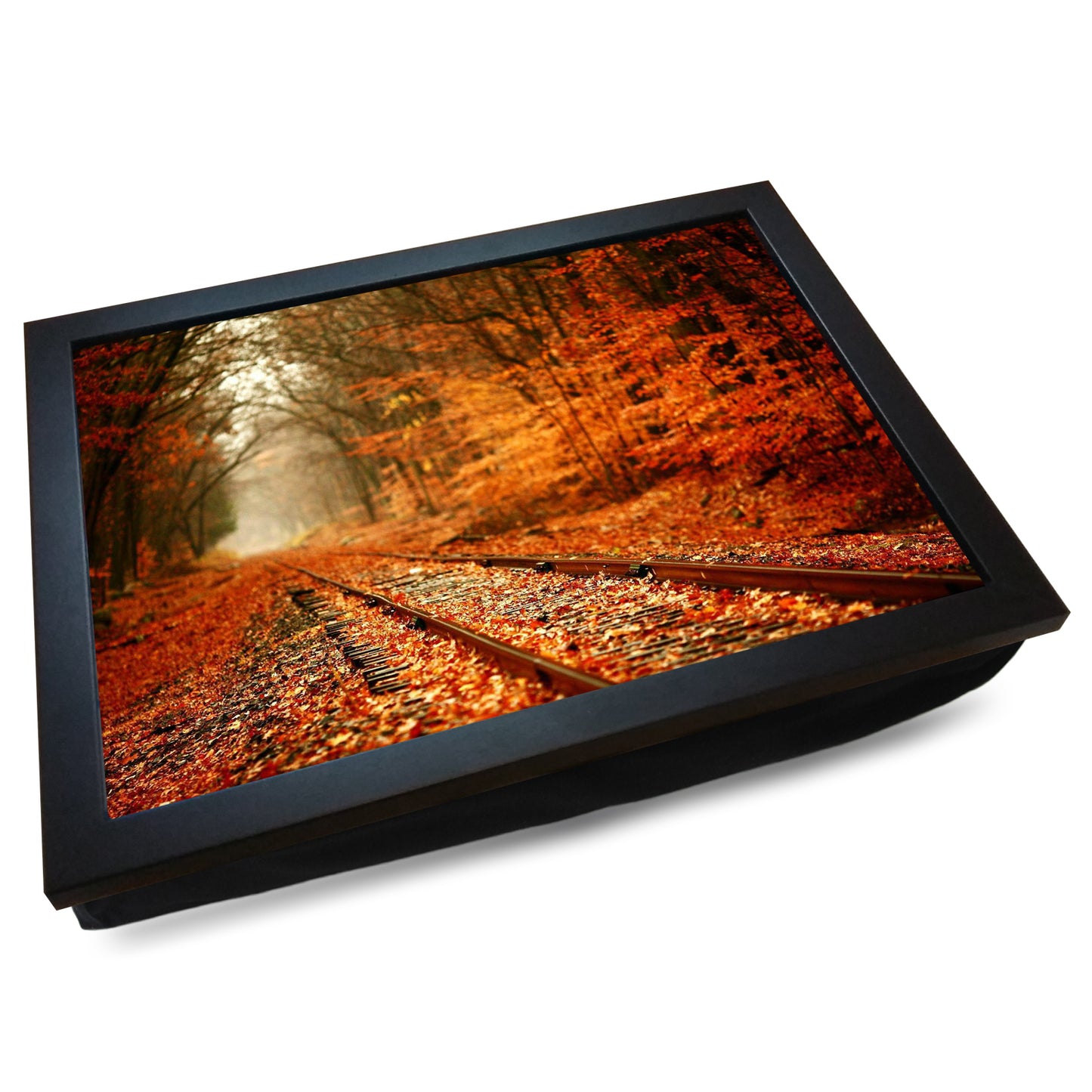 Railway Track thru Autumn Woodland Cushioned Lap Tray - my personalised lap tray | mooki -