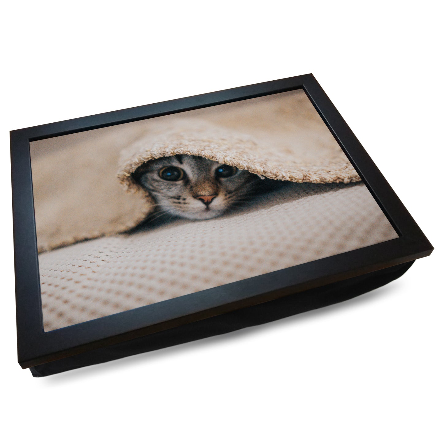 Grey Tabby Cat Peeking from under a Blanket Cushioned Lap Tray - my personalised lap tray | mooki -