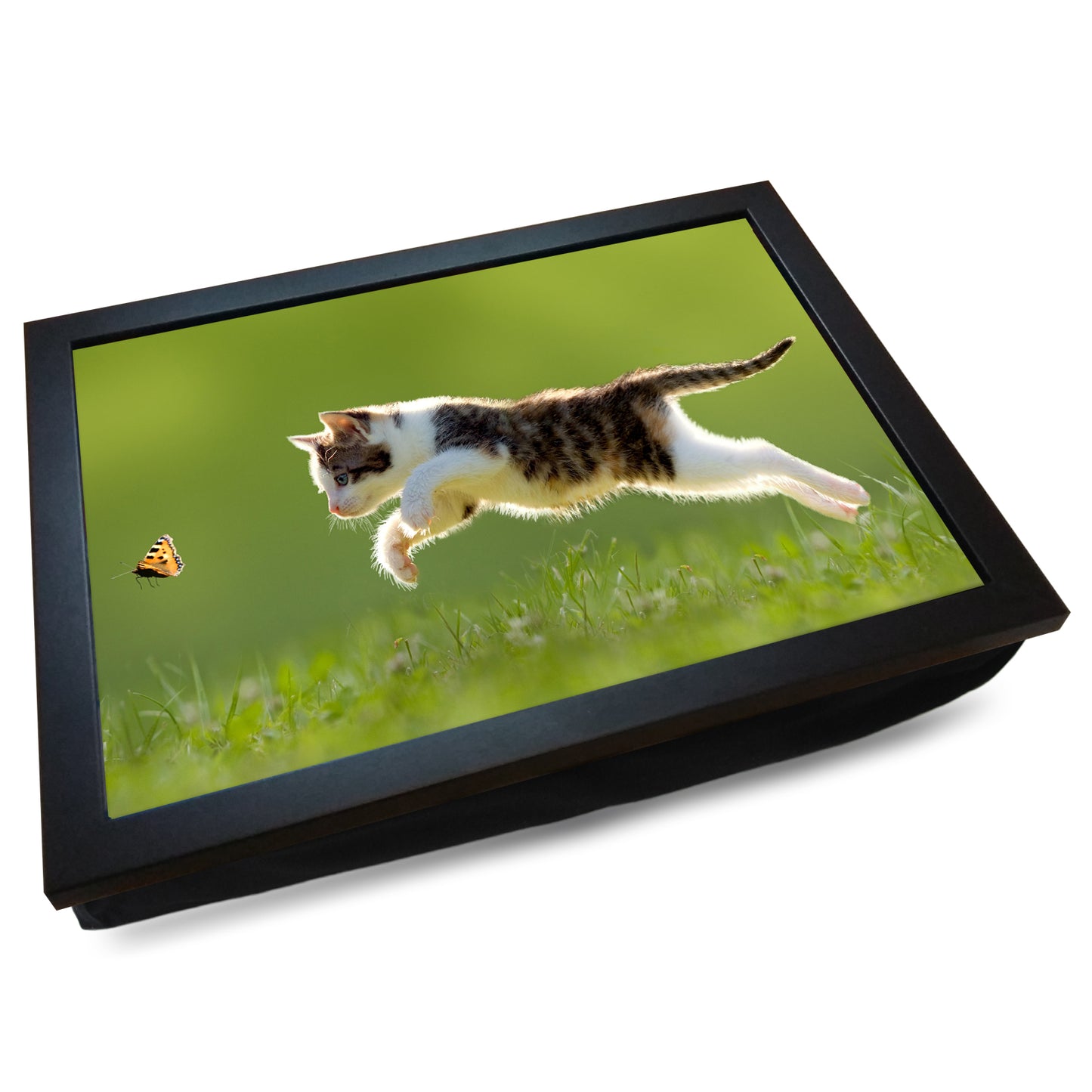 Tabby Kitten Chasing Butterfly Cushioned Lap Tray - my personalised lap tray | mooki -