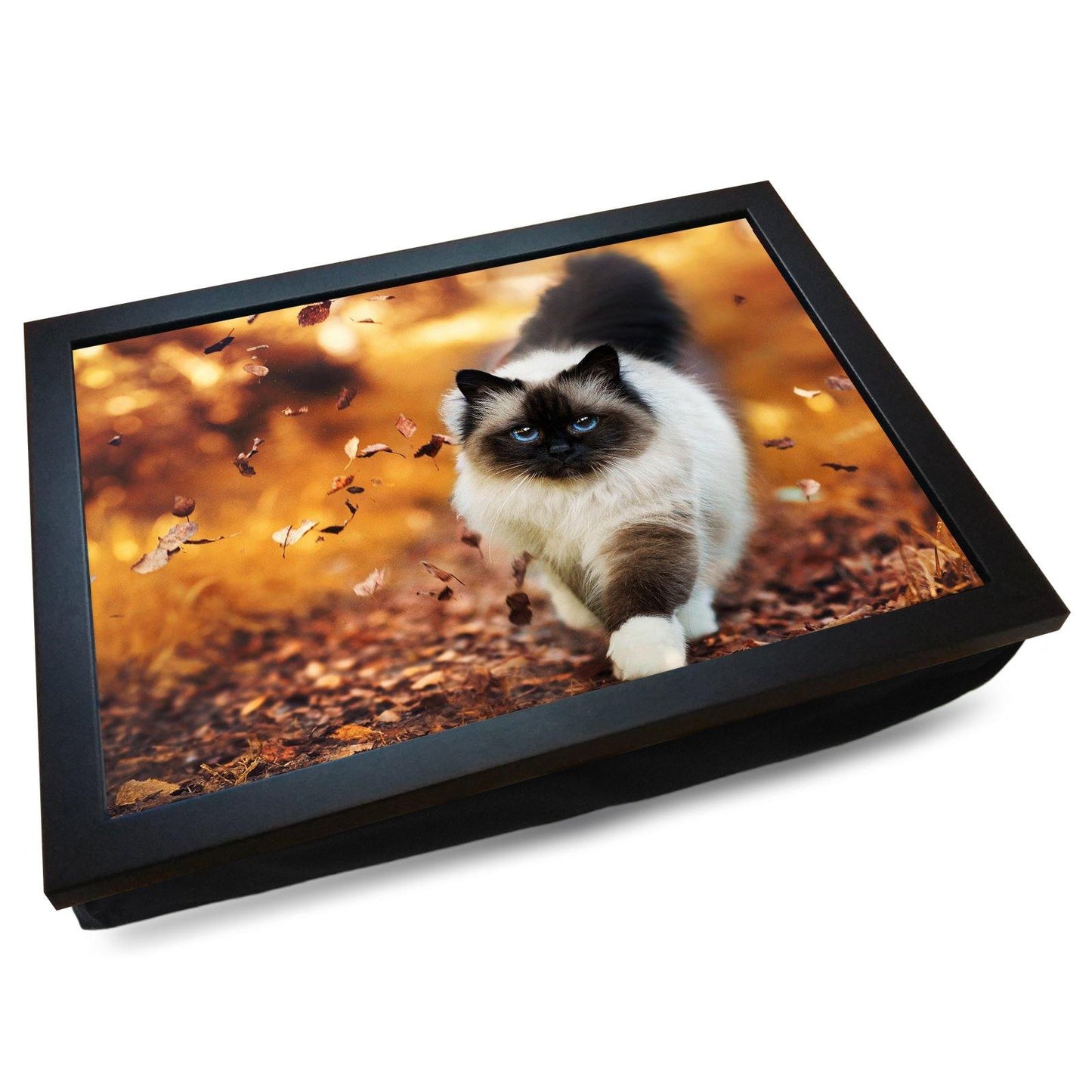 Birman Burmese Cat Walking thru Autumn Leaves Cushioned Lap Tray - my personalised lap tray | mooki -
