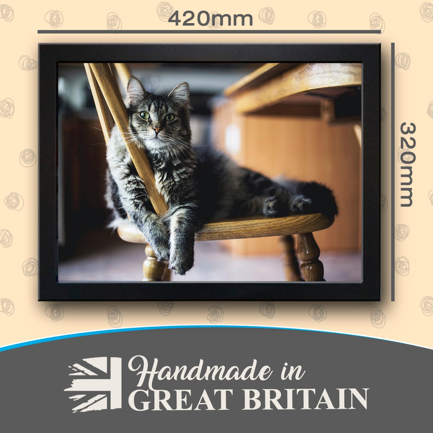 Fluffy Long-Haired Tabby Cat Relaxing on a Chair Cushioned Lap Tray