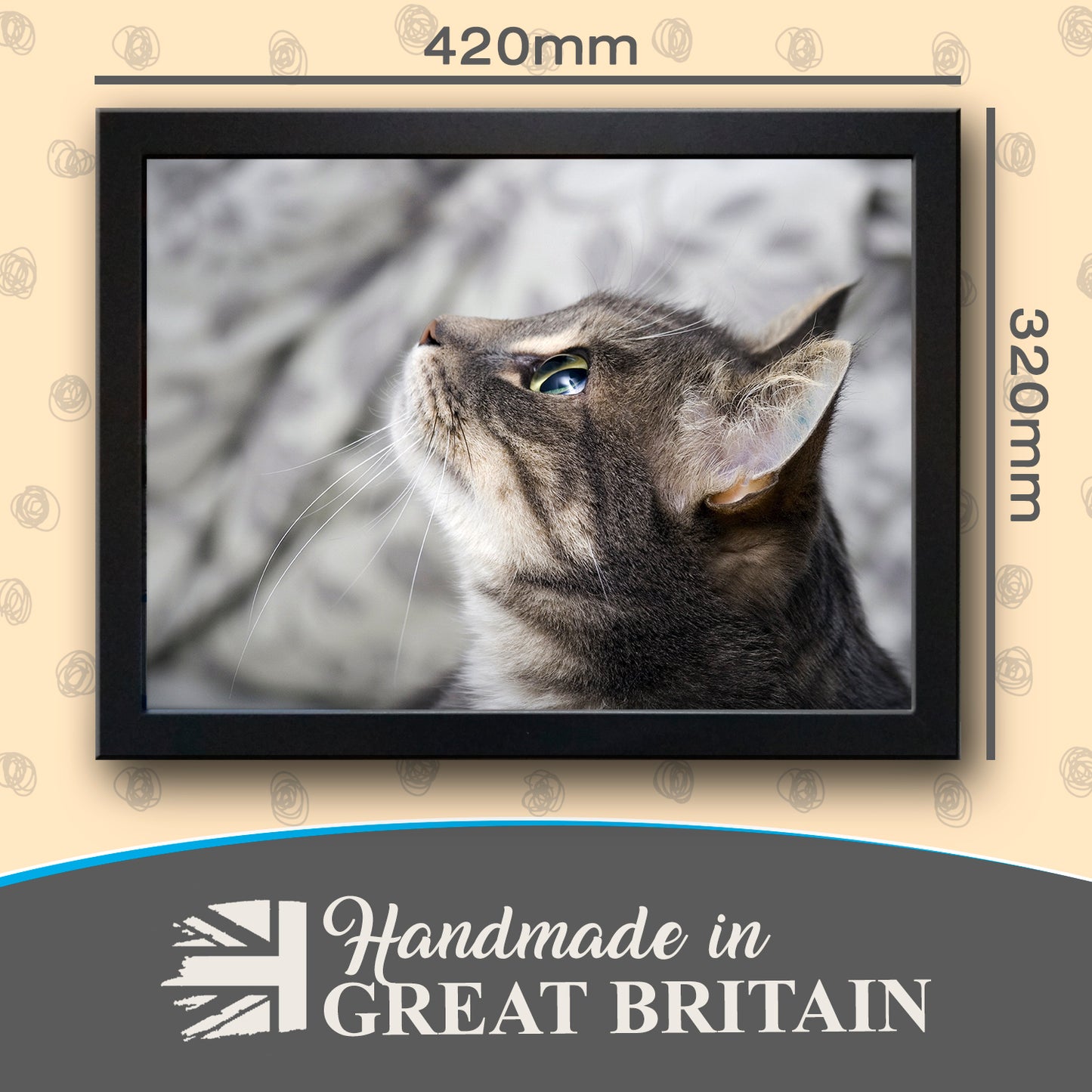 Focused Grey Tabby Cat Looking Up Cushioned Lap Tray