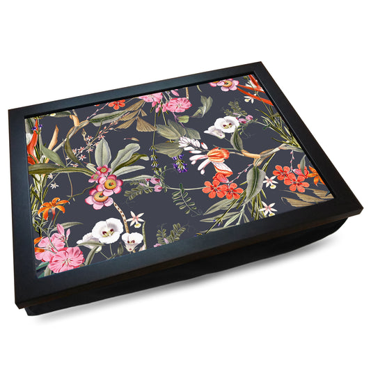 Midnight Dark Floral Pattern Cushioned Lap Tray