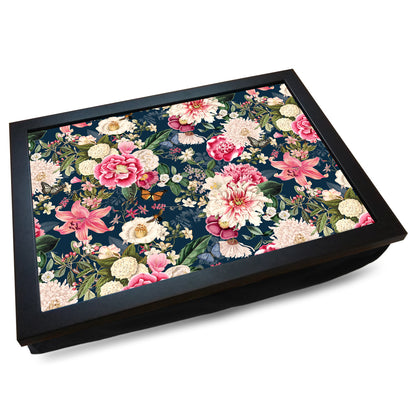 Flowers in Bloom Navy Blue Floral Pattern Cushioned Lap Tray