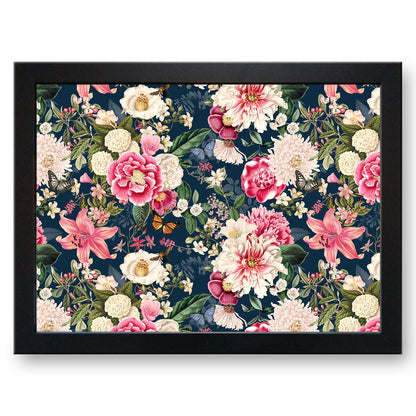 Flowers in Bloom Navy Blue Floral Pattern Cushioned Lap Tray