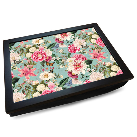 Flowers in Bloom Aqua Blue Floral Pattern Cushioned Lap Tray