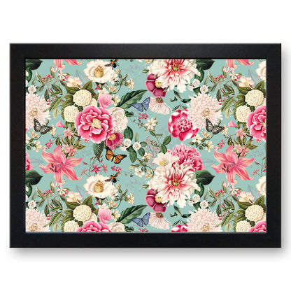 Flowers in Bloom Aqua Blue Floral Pattern Cushioned Lap Tray