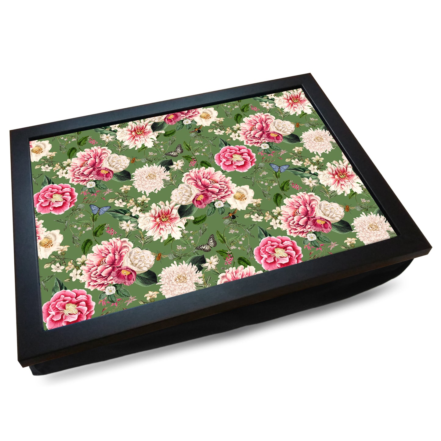 Flowers in Bloom Olive Green Floral Pattern Cushioned Lap Tray