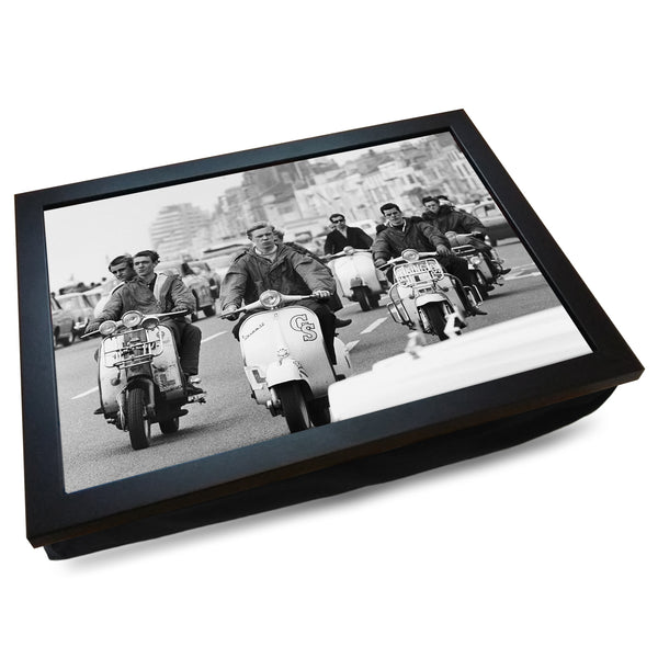 Load image into Gallery viewer, Mods Riding Scooters on Brighton Seafront Cushioned Lap Tray - my personalised lap tray | mooki   -   
