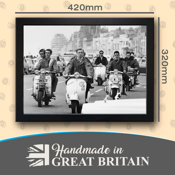 Load image into Gallery viewer, Mods Riding Scooters on Brighton Seafront Cushioned Lap Tray
