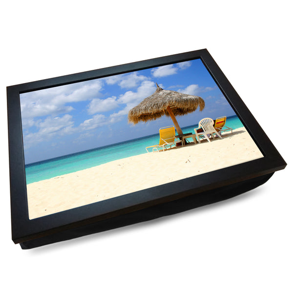 Load image into Gallery viewer, Shaded Sun Loungers on Beach Cushioned Lap Tray - my personalised lap tray | mooki   -   
