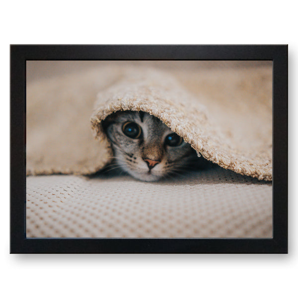Load image into Gallery viewer, Grey Tabby Cat Peeking from under a Blanket Cushioned Lap Tray - my personalised lap tray | mooki   -   
