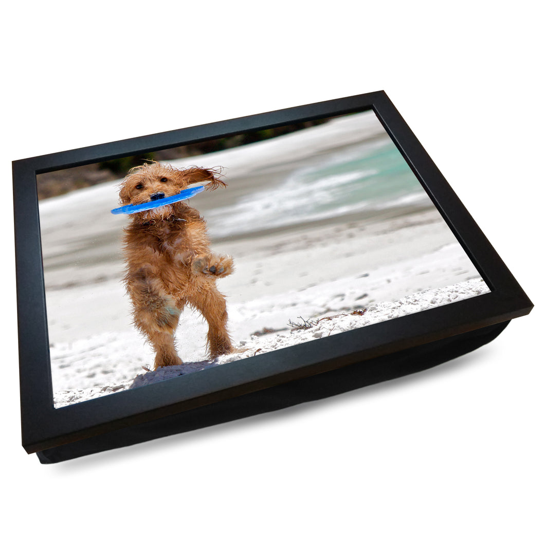 Dog Catching Frisbee on the Beach Cushioned Lap Tray - my personalised lap tray | mooki   -   
