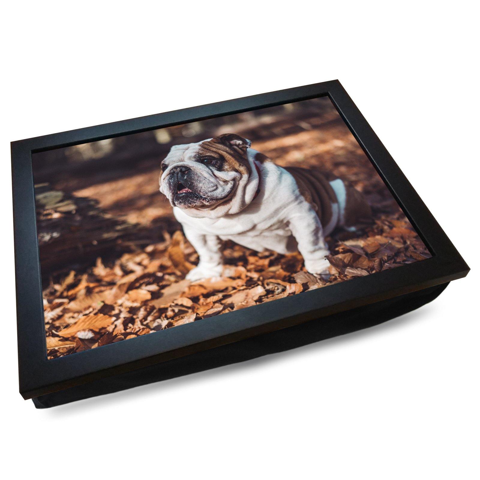British Bulldog in the Autumn Leaves Cushioned Lap Tray - my personalised lap tray | mooki   -   